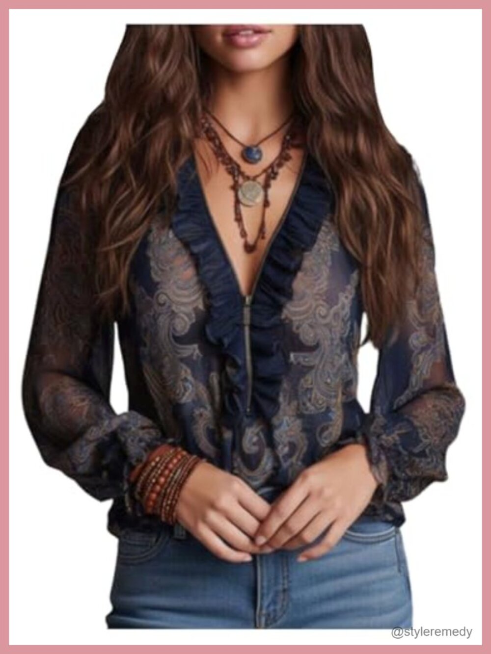 WDIRARA Sheer Paisley Chiffon Ruffle Long Sleeve Blouse Top